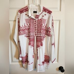 Brya partial button down tunic top with embroidery embellishments